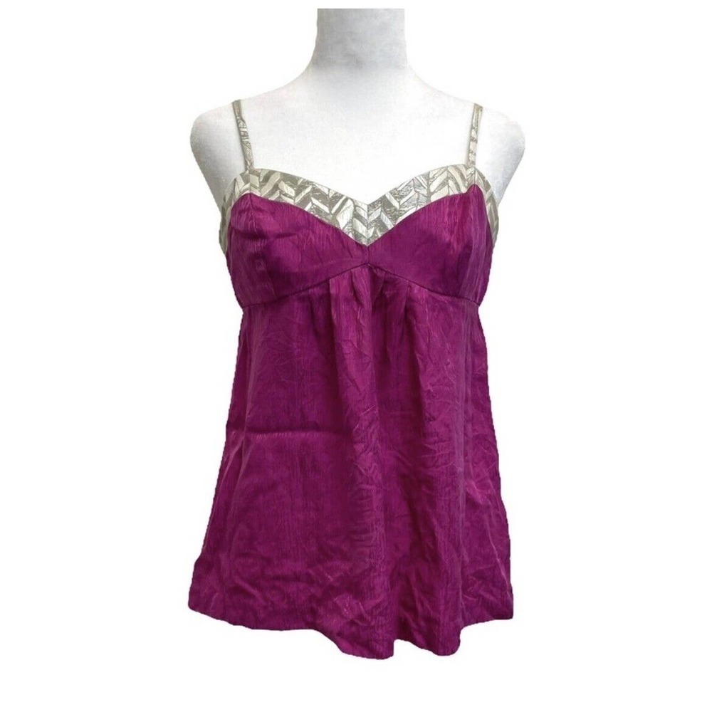 Trina Turk 100% Silk Textured Fuchsia Purple Brocade Trim Swing Tank Top